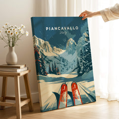 Piancavallo Ski Poster -  Italy displayed in a cozy room with a vase and ski scenery in the background.