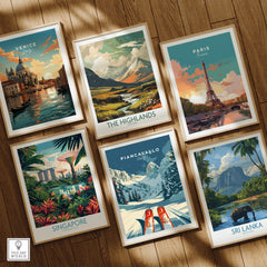 Piancavallo Ski Poster - Italy among travel posters featuring Venice, Paris, Singapore, The Highlands, and Sri Lanka.