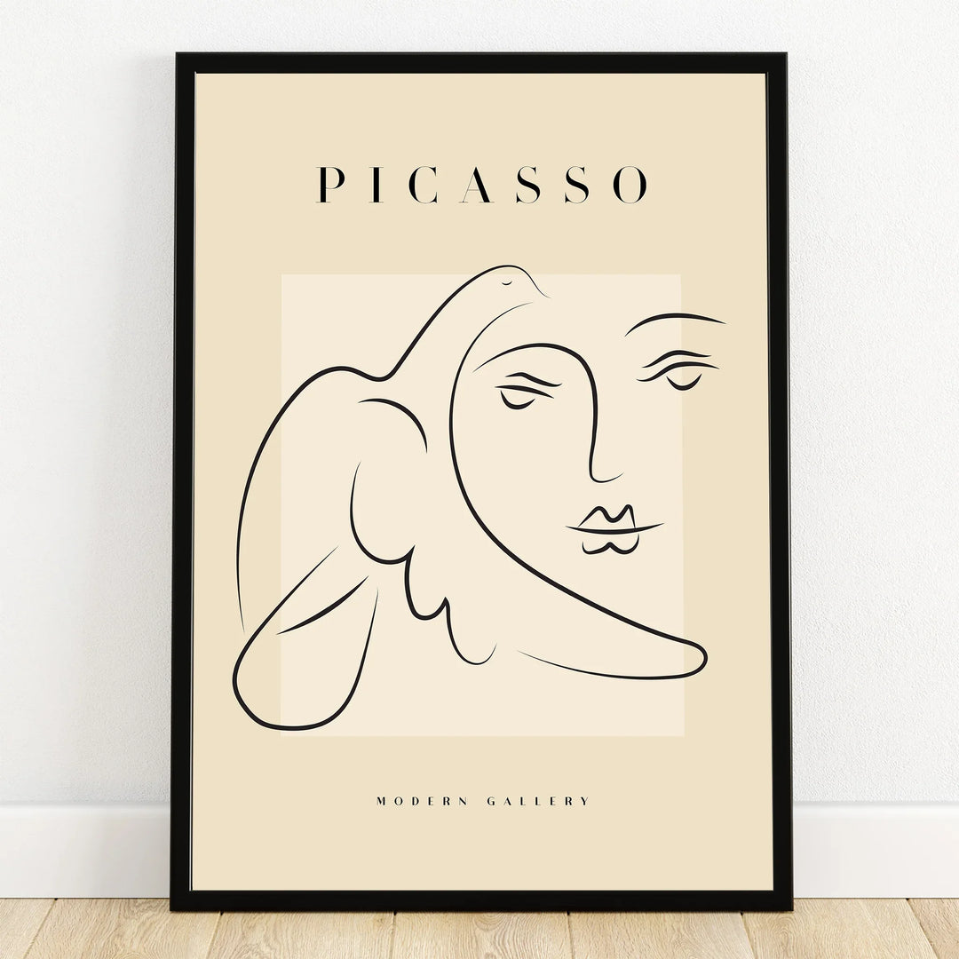 Minimalist Picasso style line art print in black frame, modern wall decor