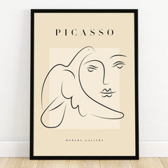 Minimalist Picasso style line art print in black frame, modern wall decor