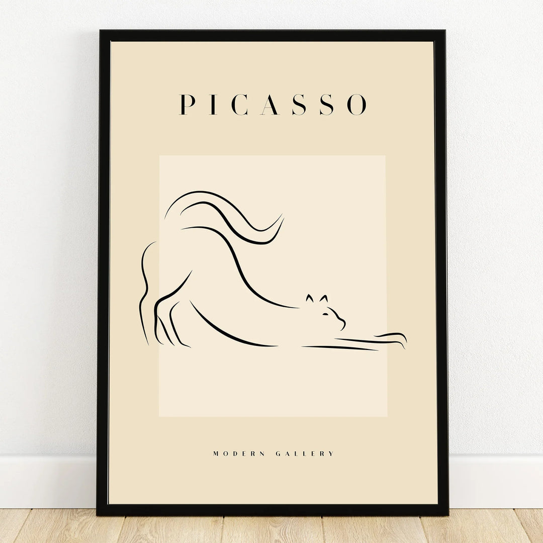Minimalist black line art cat print in black frame, modern gallery wall art decor