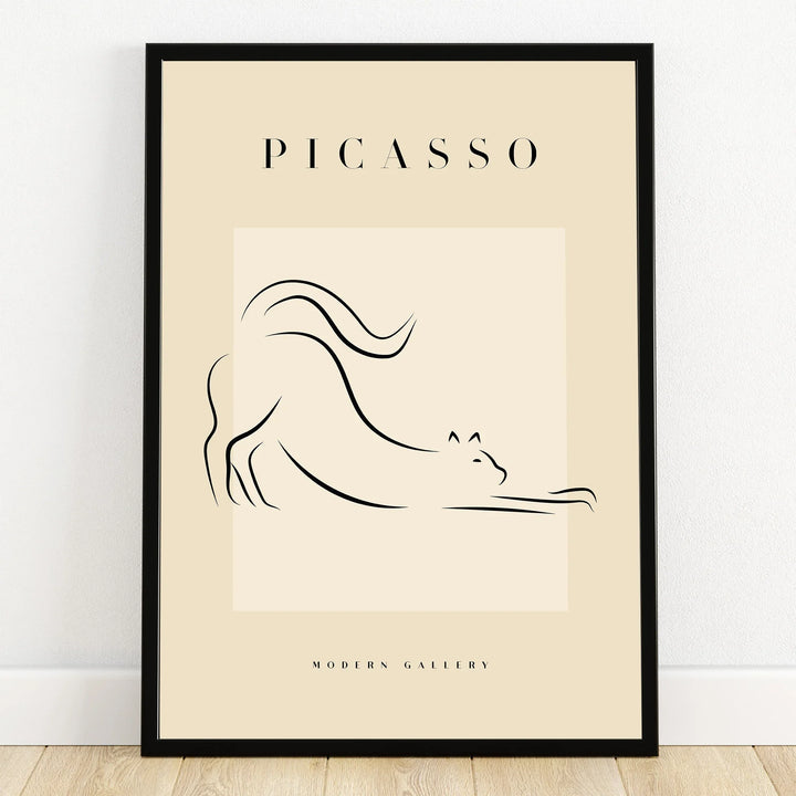 Minimalist black line art cat print in black frame, modern gallery wall art decor