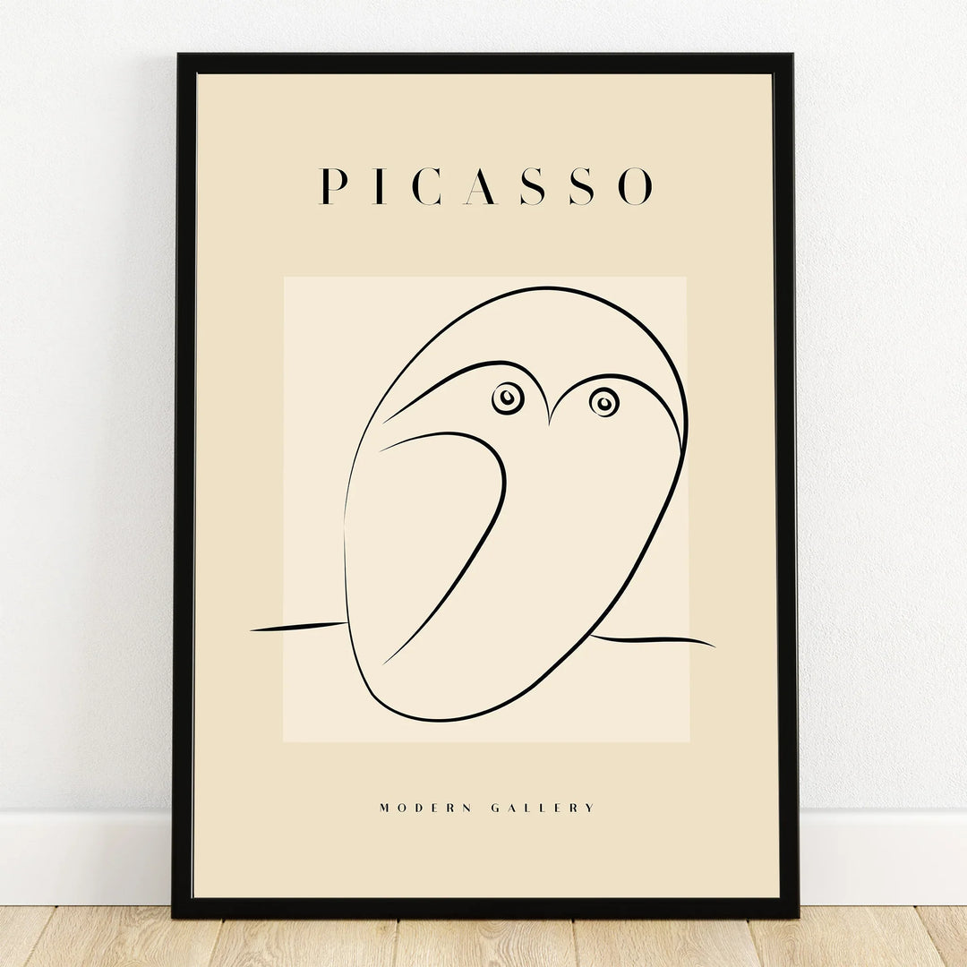 Minimalist Picasso style owl line art print in black frame, modern wall decor