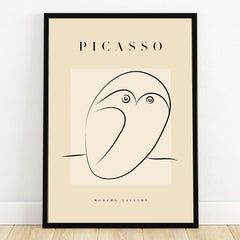 Minimalist Picasso style owl line art print in black frame, modern wall decor