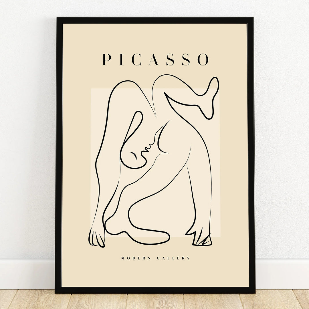 Minimalist Picasso style line art poster in black frame, modern abstract wall decor.
