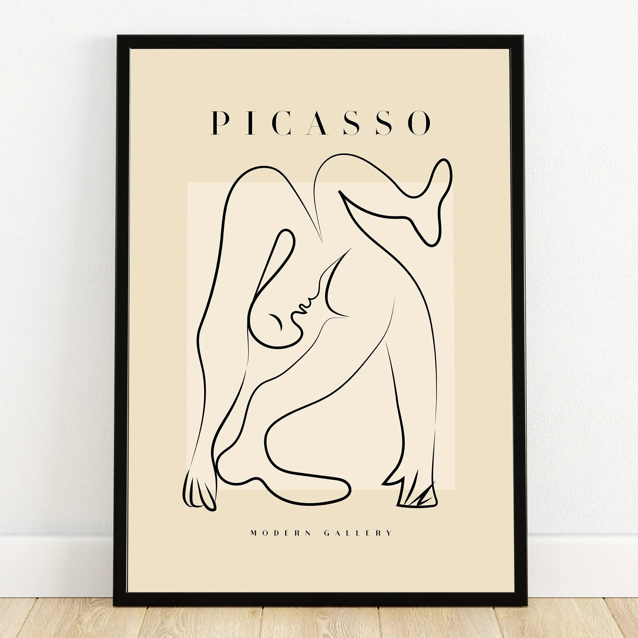 Minimalist Picasso style line art poster in black frame, modern abstract wall decor.
