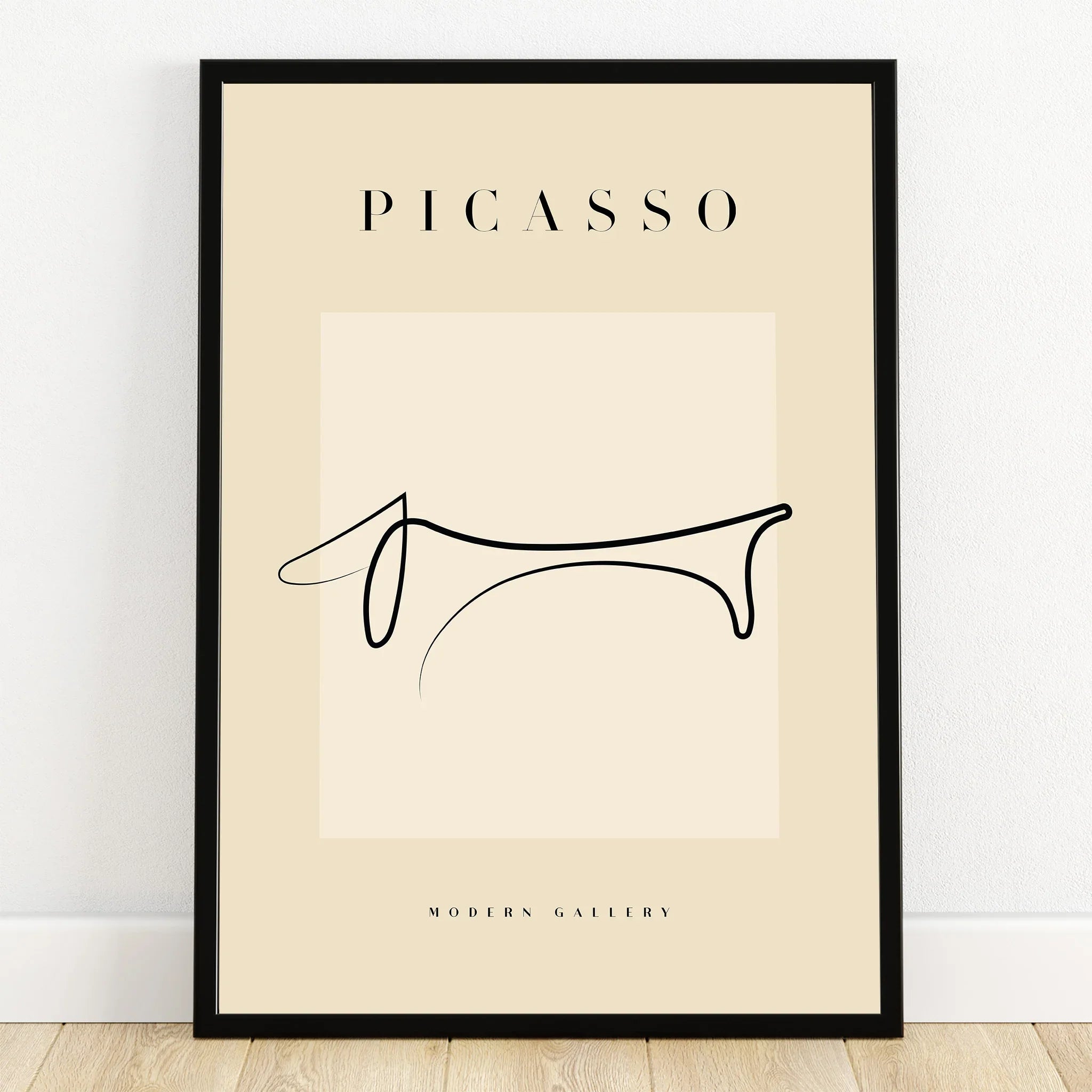 Minimalist Picasso-inspired abstract line art print in black frame, modern wall decor
