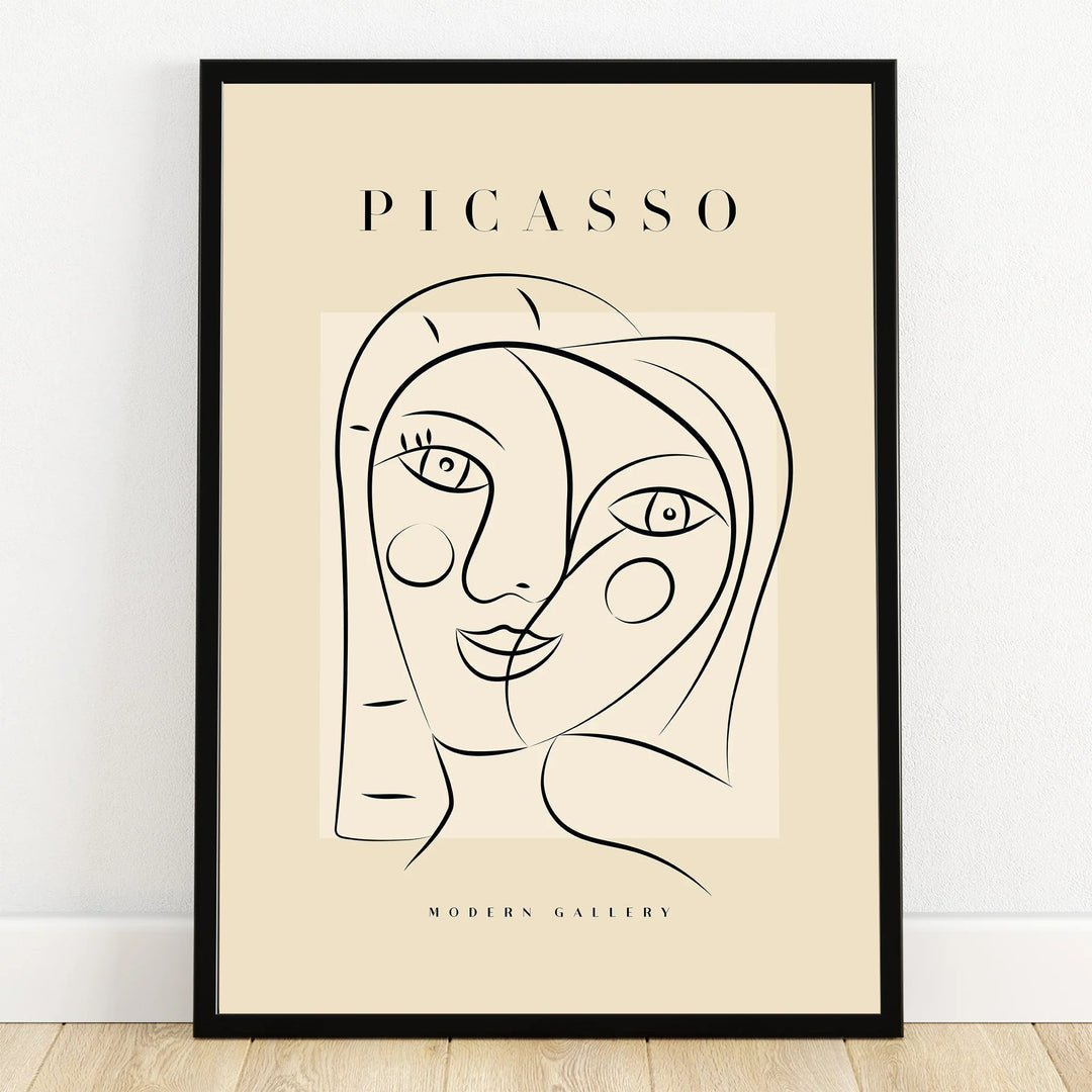 Minimalist Picasso line art portrait print in black frame, modern gallery wall art