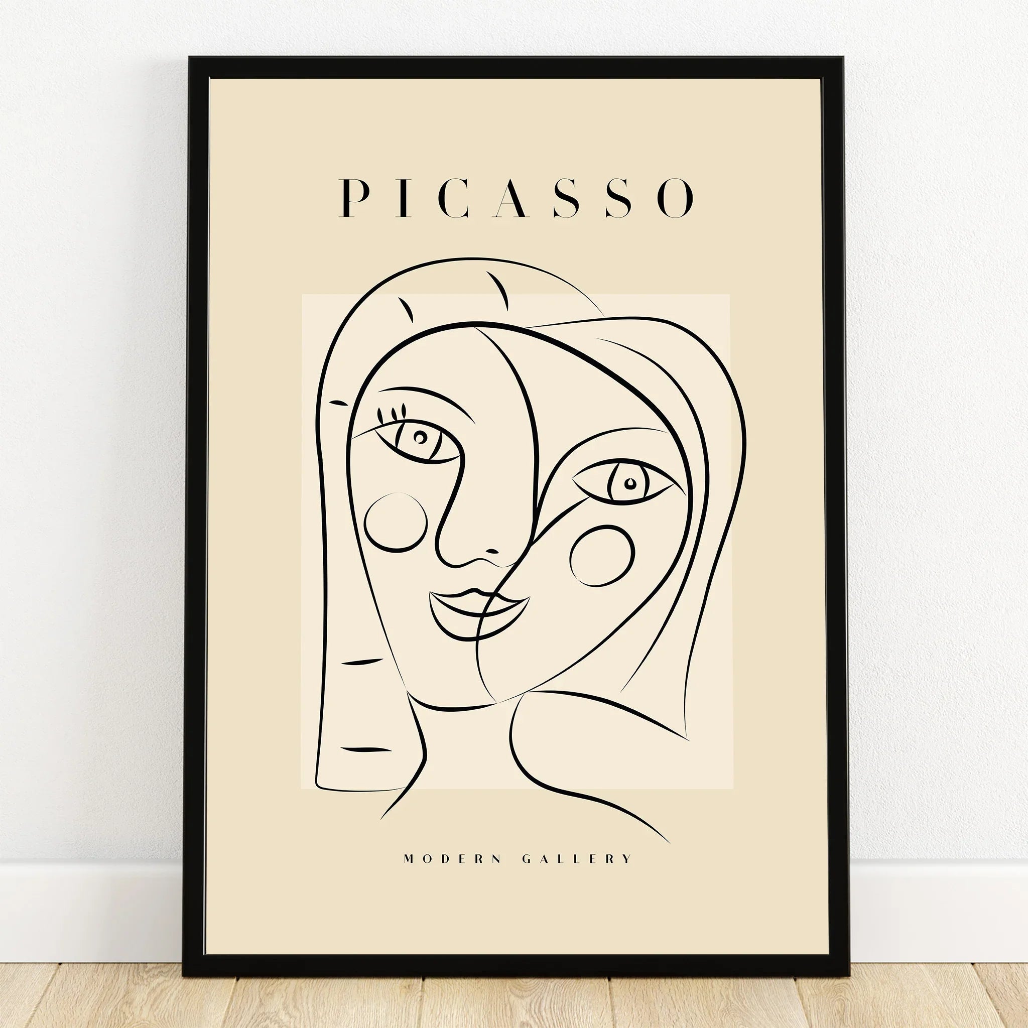 Minimalist Picasso line art portrait print in black frame, modern gallery wall art