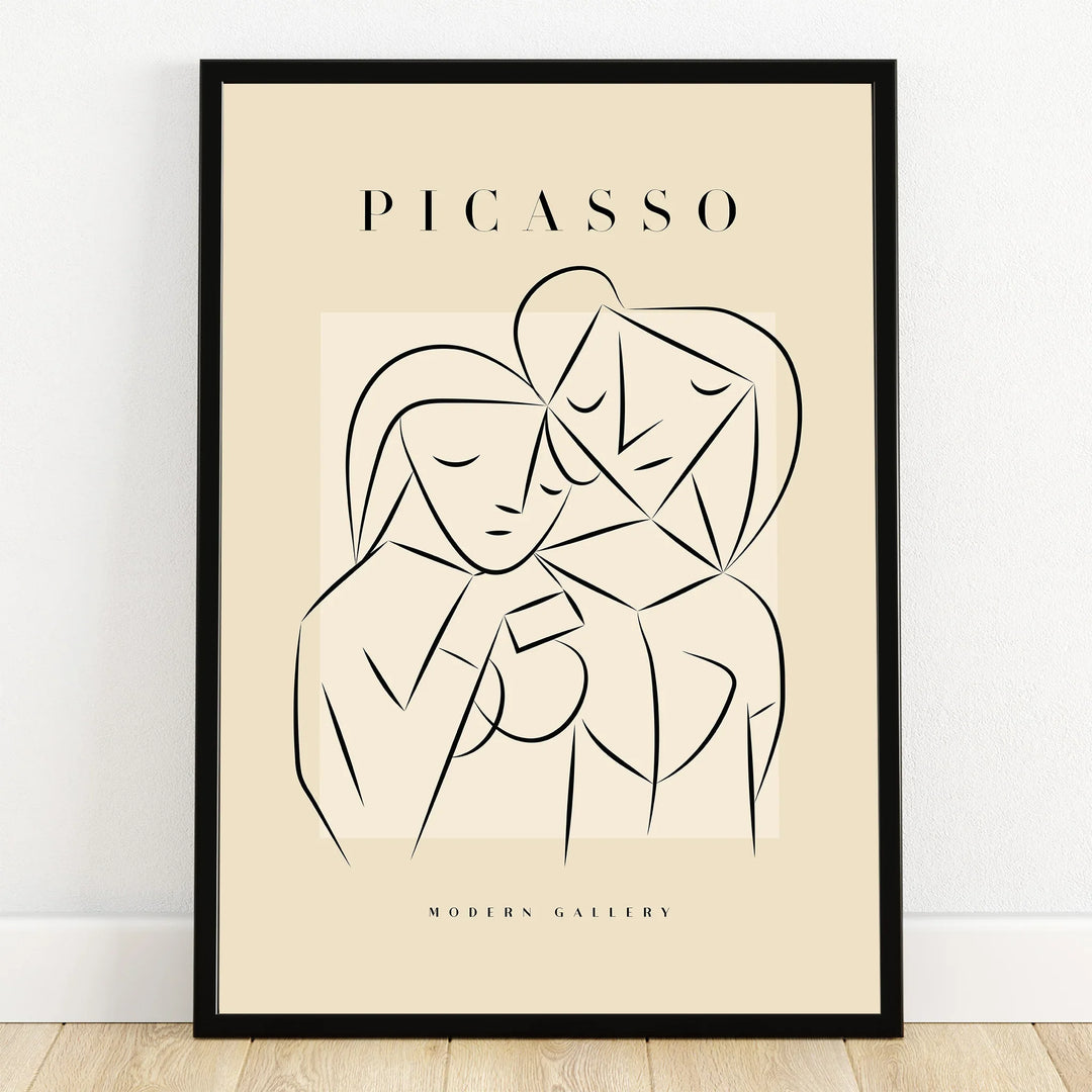 Minimalist Picasso art print in black frame, abstract line drawing of two figures on beige