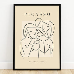 Minimalist Picasso art print in black frame, abstract line drawing of two figures on beige