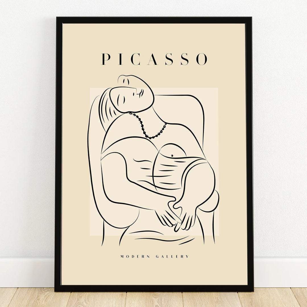 Minimalist Picasso-inspired line art print in black frame, modern wall art decor