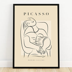 Minimalist Picasso-inspired line art print in black frame, modern wall art decor