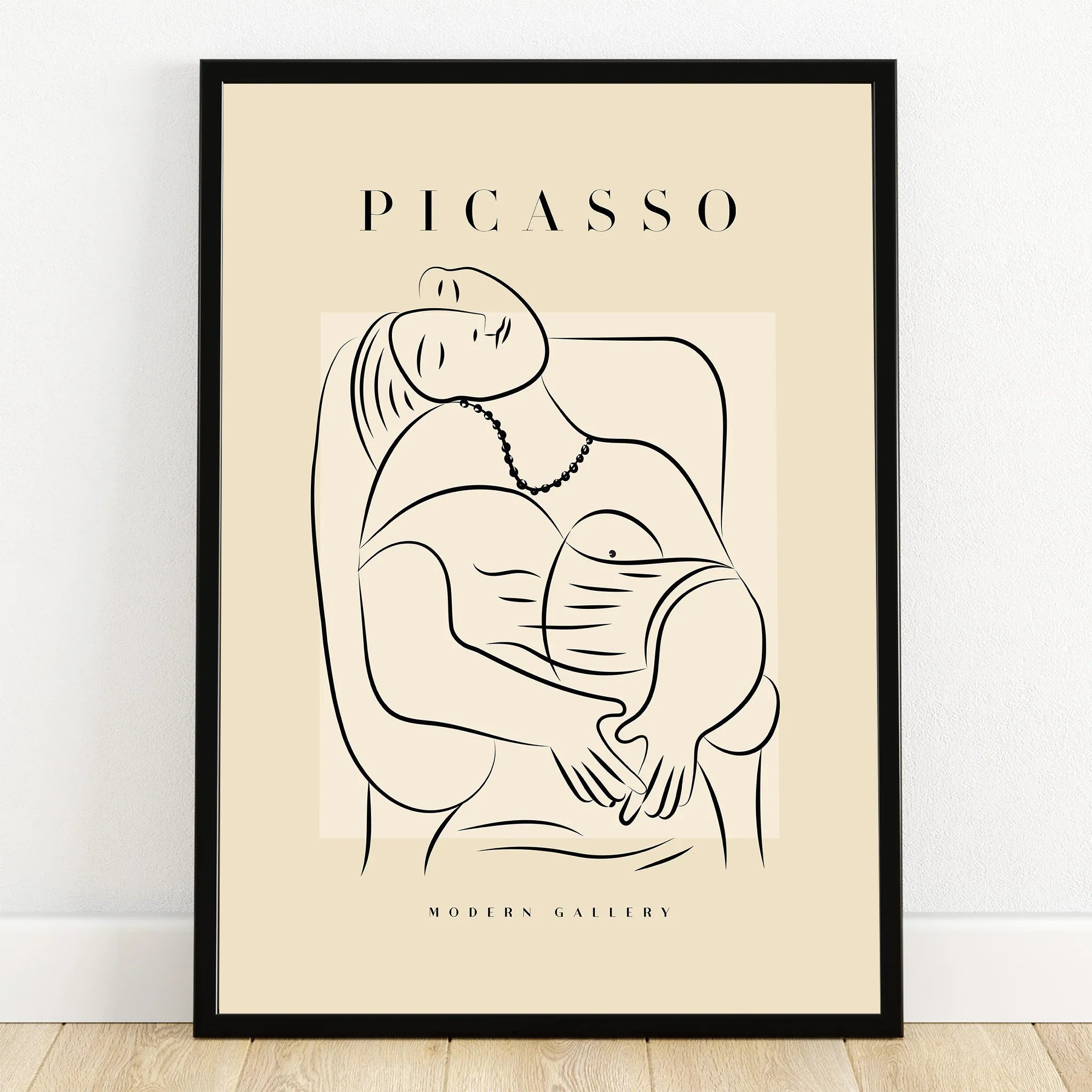 Minimalist Picasso-inspired line art print in black frame, modern wall art decor