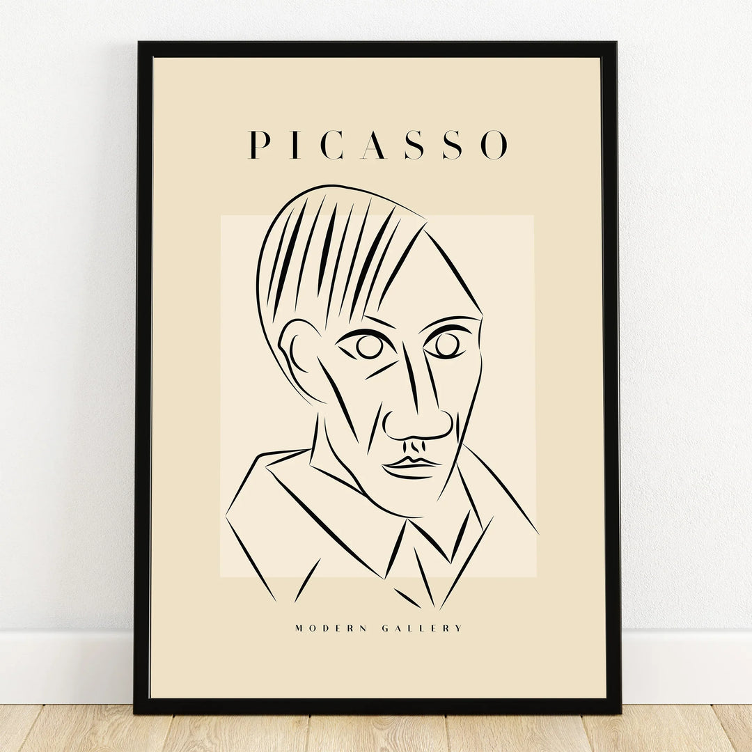 Minimalist Picasso-inspired line art portrait in black frame, modern wall art print