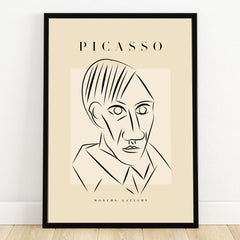 Minimalist Picasso-inspired line art portrait in black frame, modern wall art print