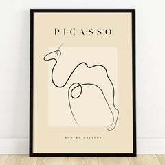 Minimalist Picasso-inspired line art print in black frame, modern abstract wall art