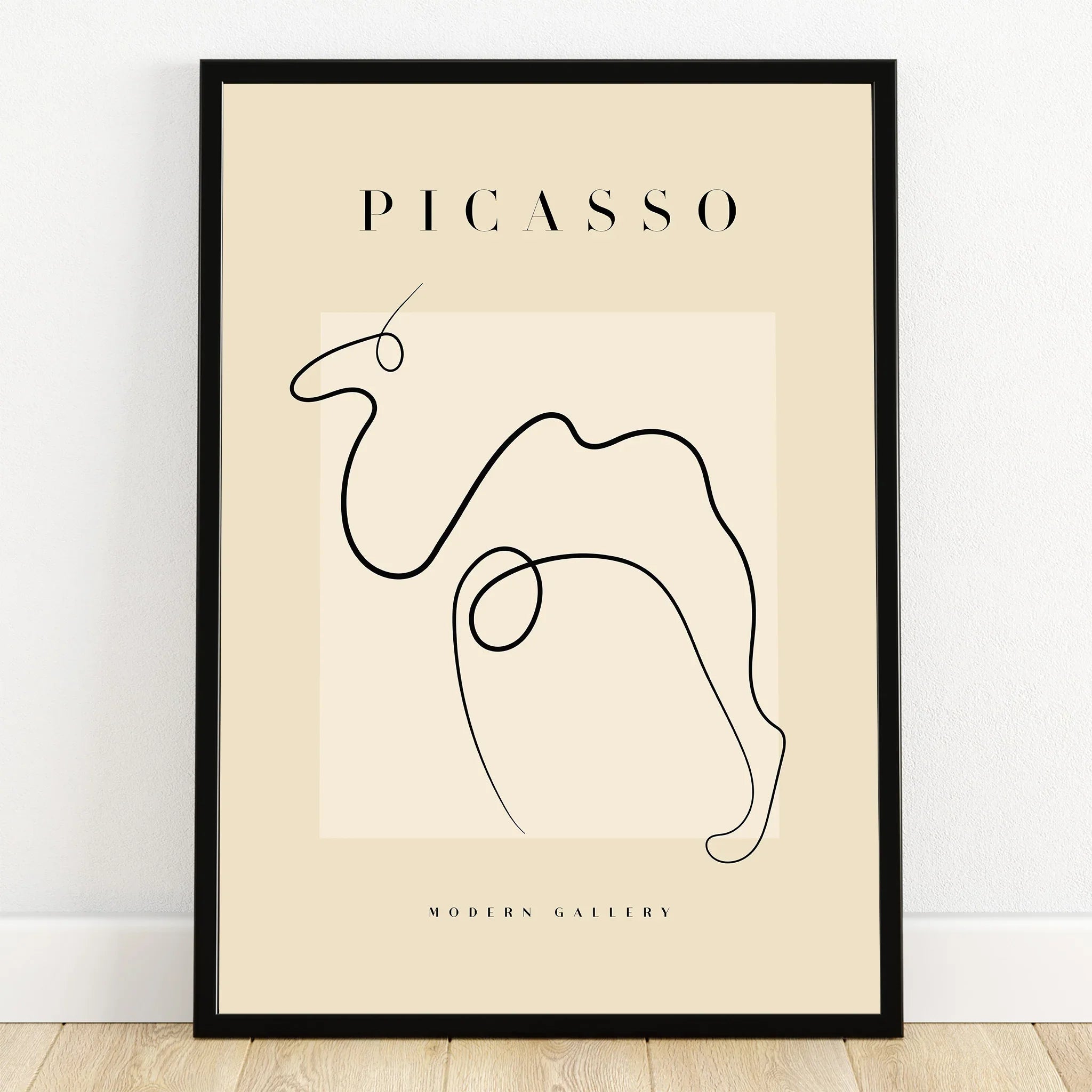 Minimalist Picasso-inspired line art print in black frame, modern abstract wall art