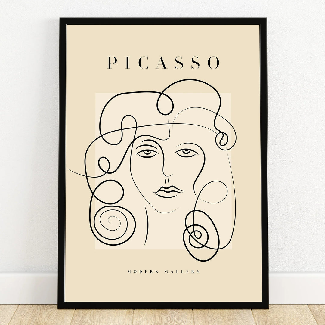 Minimalist Picasso-style line art portrait print in black frame, modern wall decor art