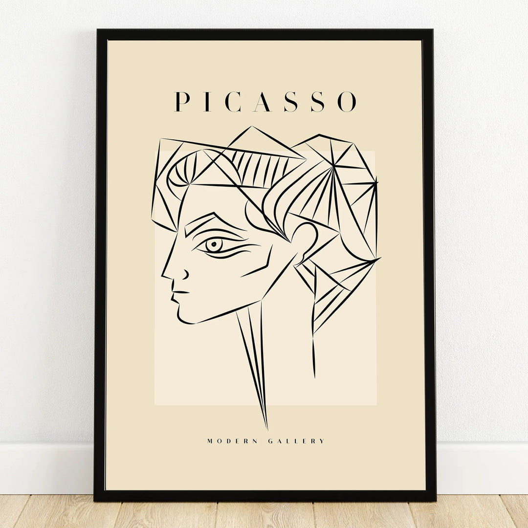Minimalist Picasso line art portrait print in black frame, modern abstract wall art