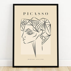 Minimalist Picasso line art portrait print in black frame, modern abstract wall art