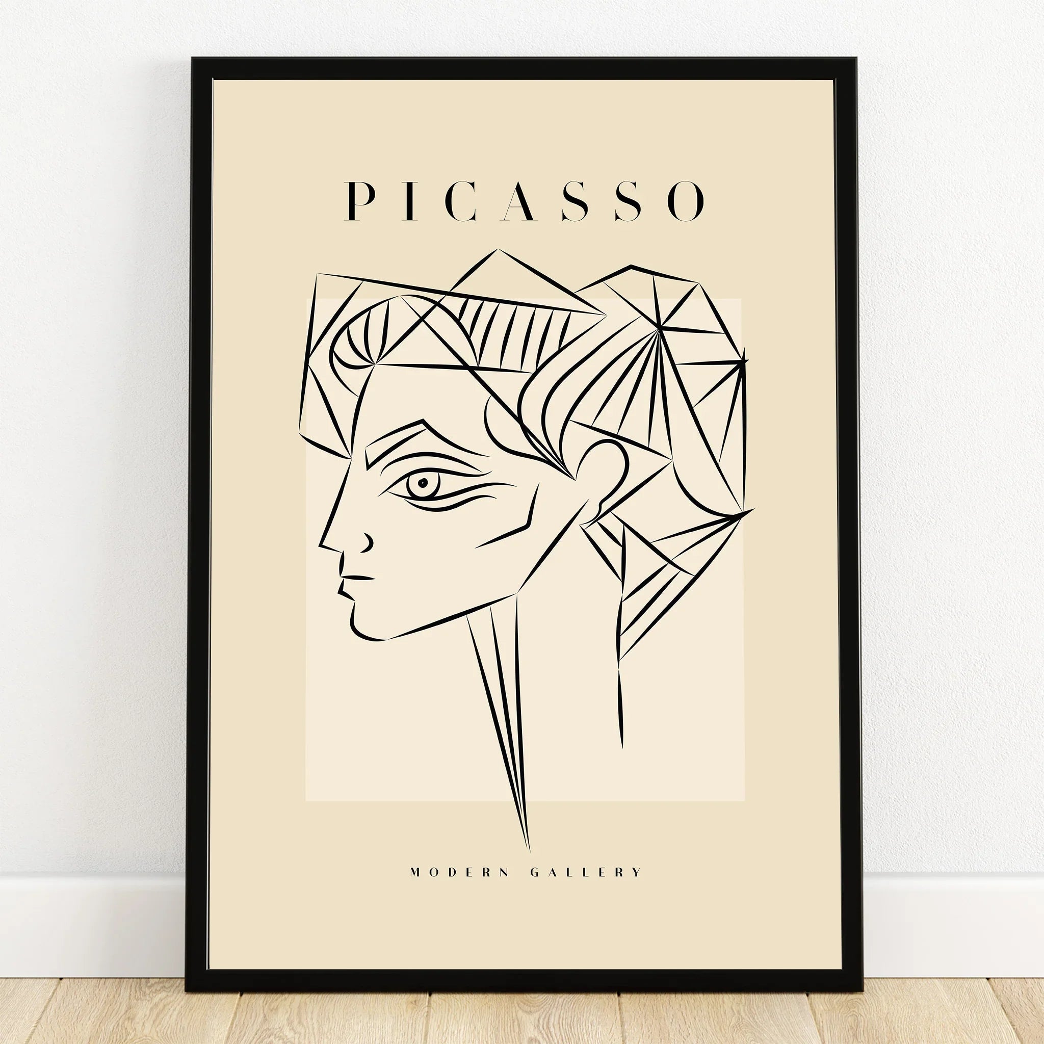 Minimalist Picasso line art portrait print in black frame, modern abstract wall art