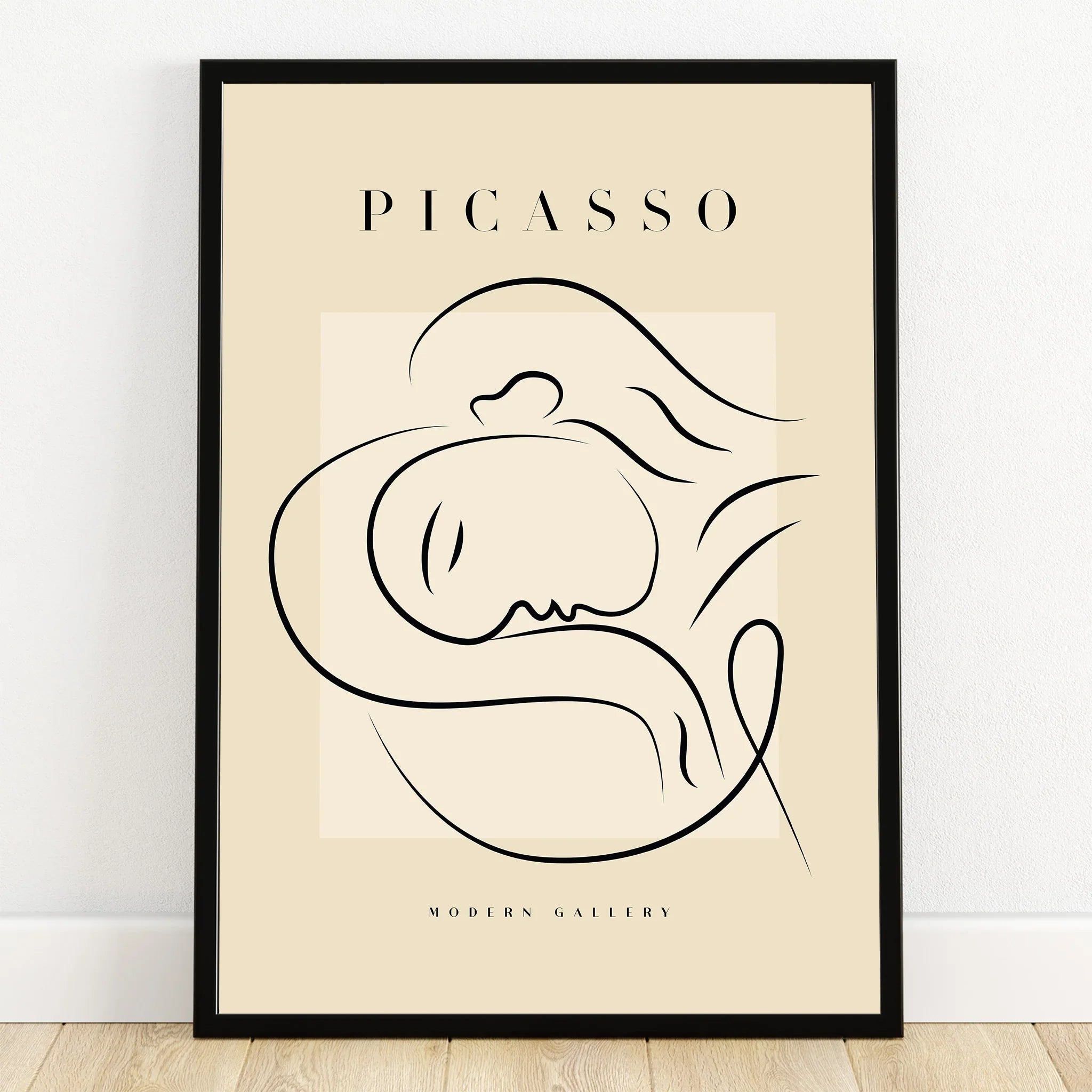 Minimalist Picasso style line art print in black frame, modern wall decor