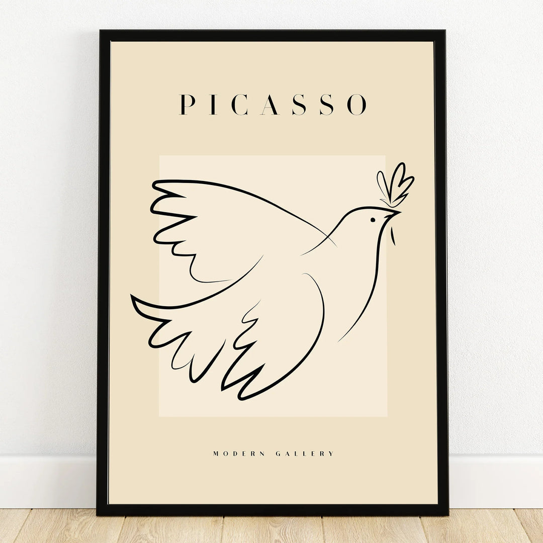 Minimalist black line art dove wall art in black frame with modern design
