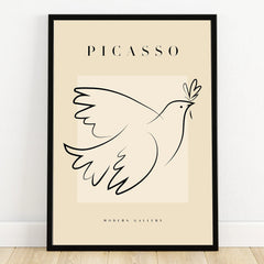Minimalist black line art dove wall art in black frame with modern design