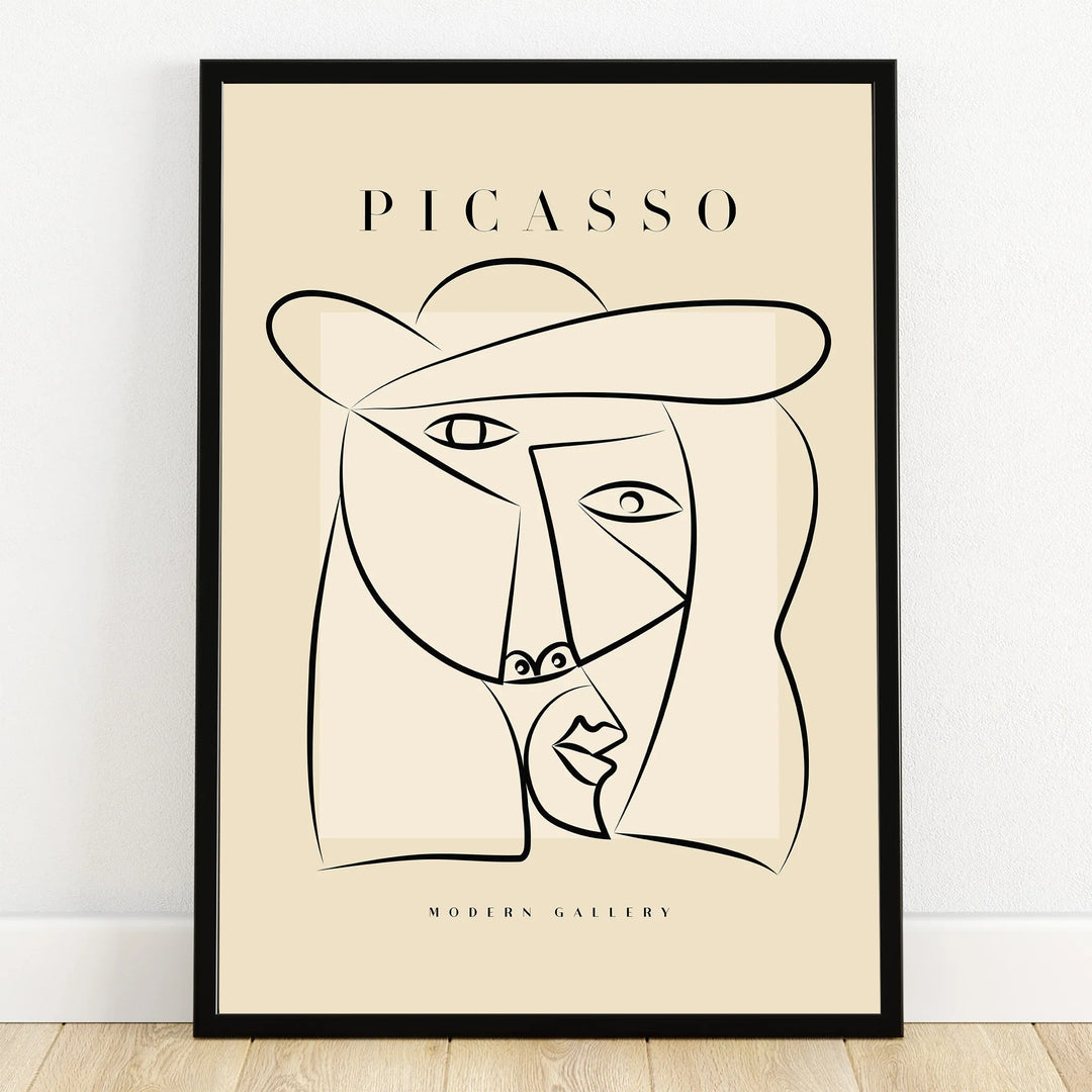 Abstract Picasso line art portrait in black frame, minimalist modern wall art print