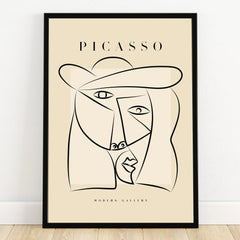 Abstract Picasso line art portrait in black frame, minimalist modern wall art print