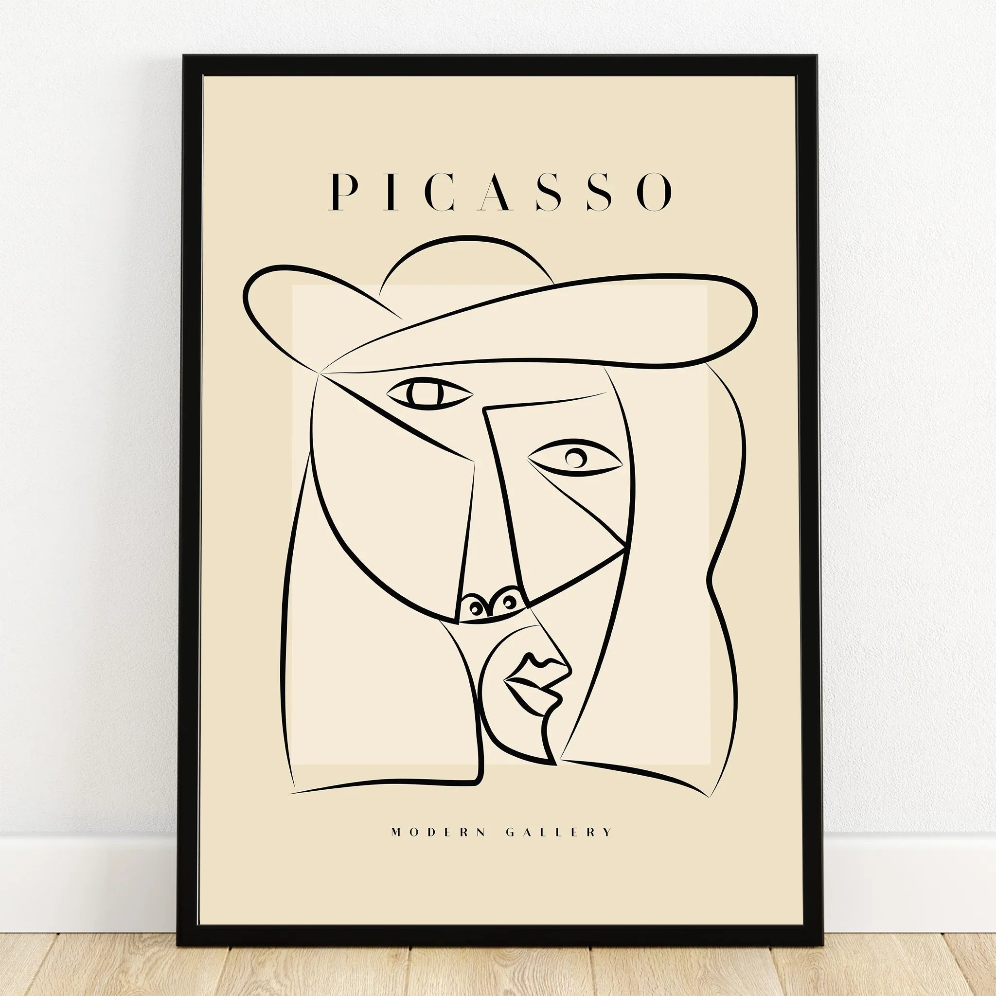 Abstract Picasso line art portrait in black frame, minimalist modern wall art print