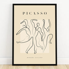 Minimalist Picasso-style line art poster with abstract dancing figures in a black frame