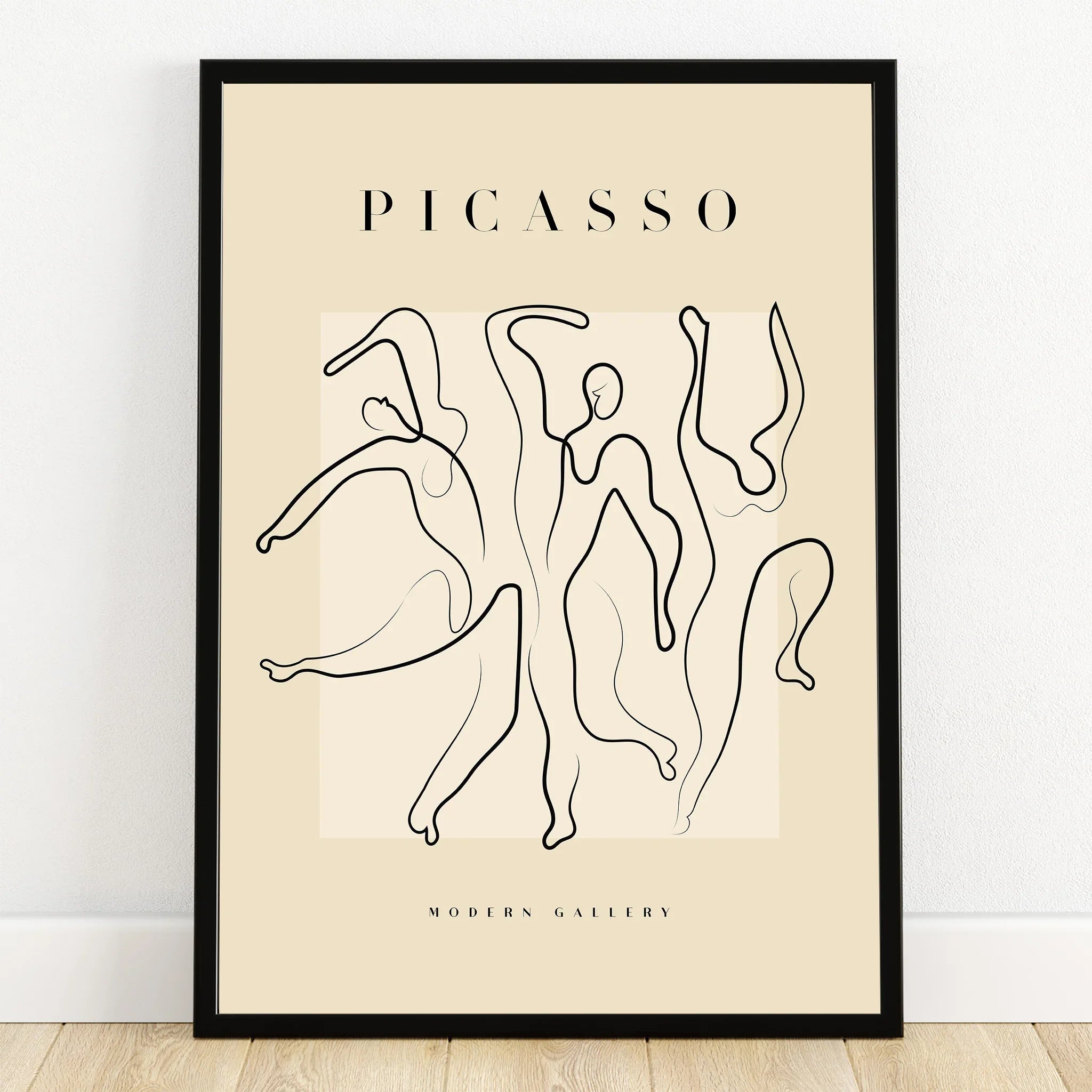 Minimalist Picasso-style line art poster with abstract dancing figures in a black frame