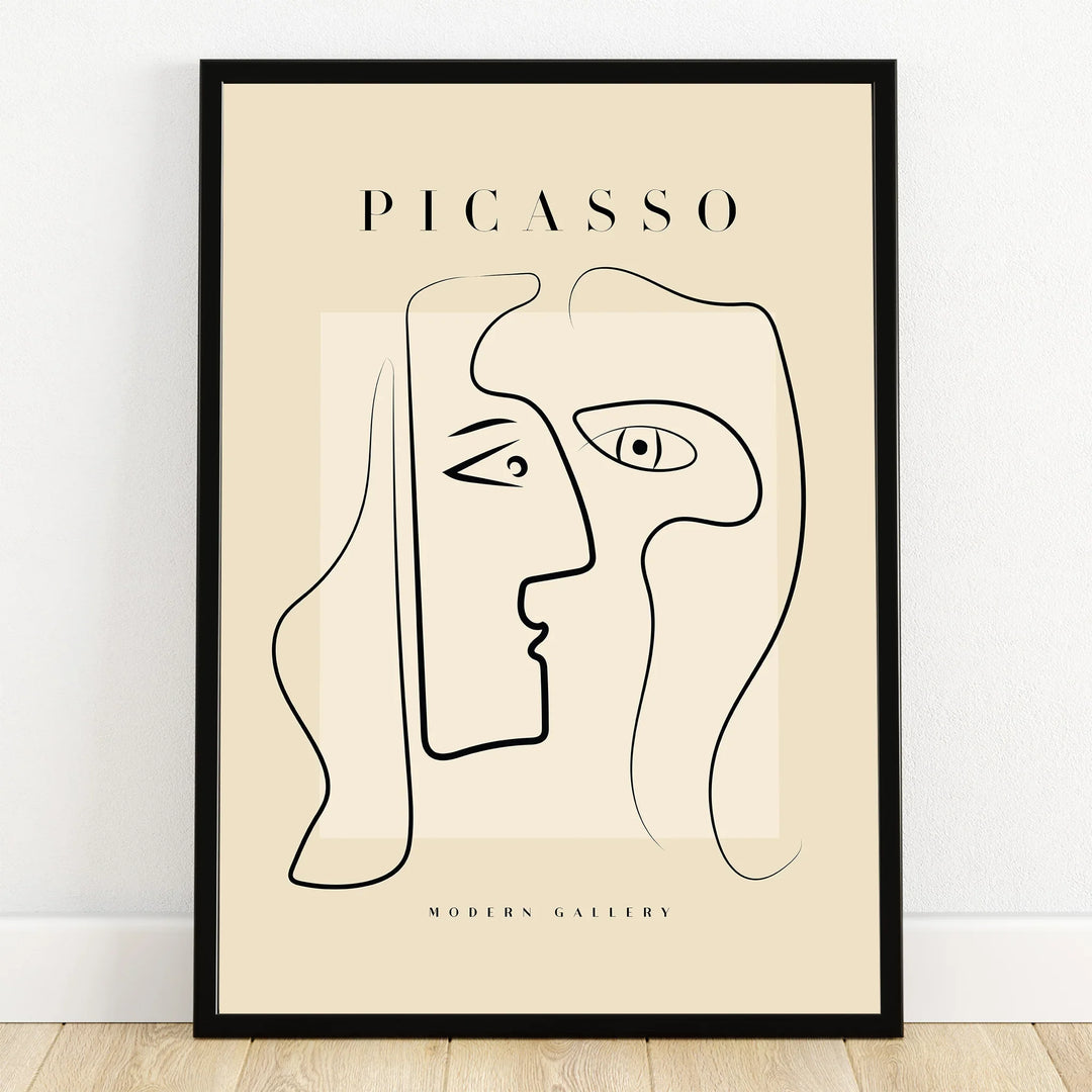 Minimalist Picasso-inspired line art poster with abstract face in black frame, modern wall decor