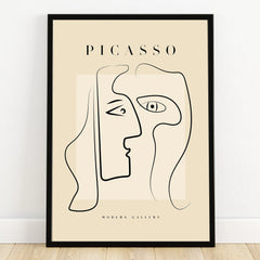 Minimalist Picasso-inspired line art poster with abstract face in black frame, modern wall decor