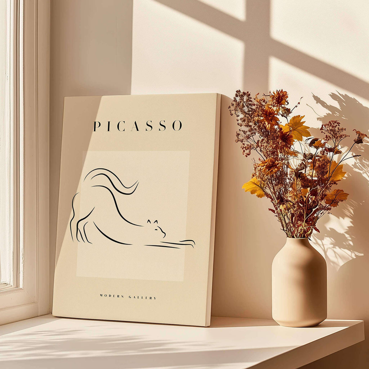 Picasso Stretching Cat Line Art Minimalist Animal Poster Modern Gallery Print Wall Art displayed beside vase with flowers.