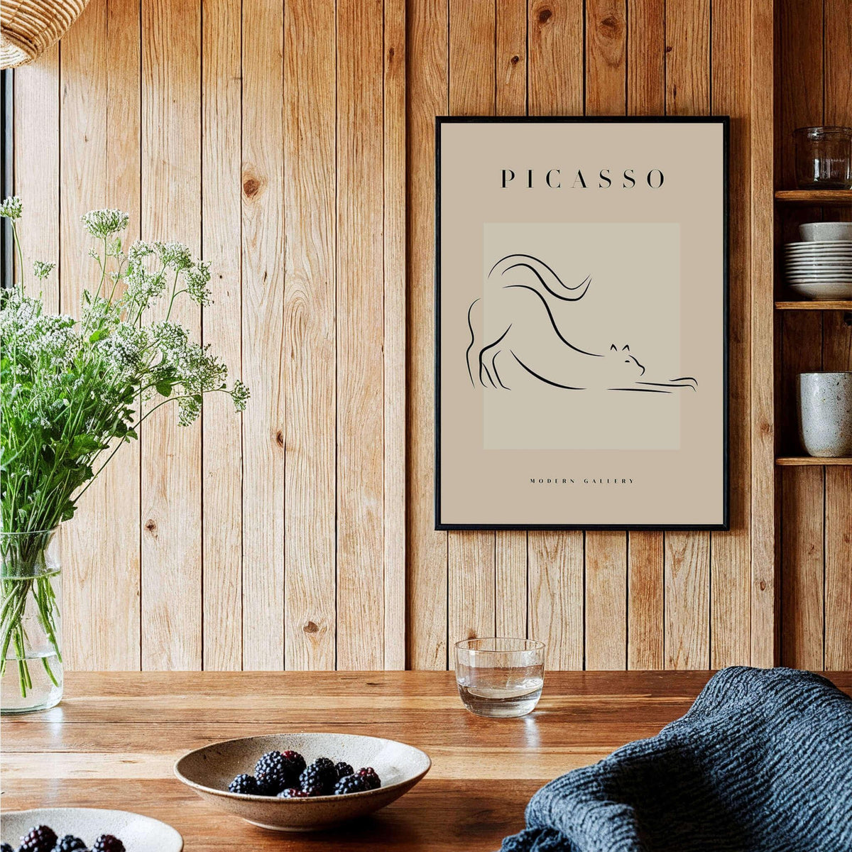 Picasso Stretching Cat Line Art Minimalist Animal Poster Modern Gallery Print Wall Art displayed in a cozy interior.