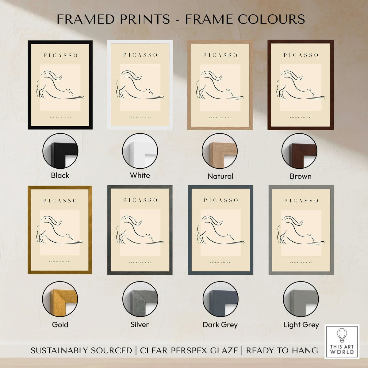 Picasso Stretching Cat Line Art Minimalist Animal Poster Modern Gallery Print Wall Art framed in various colors including black, white, gold.
