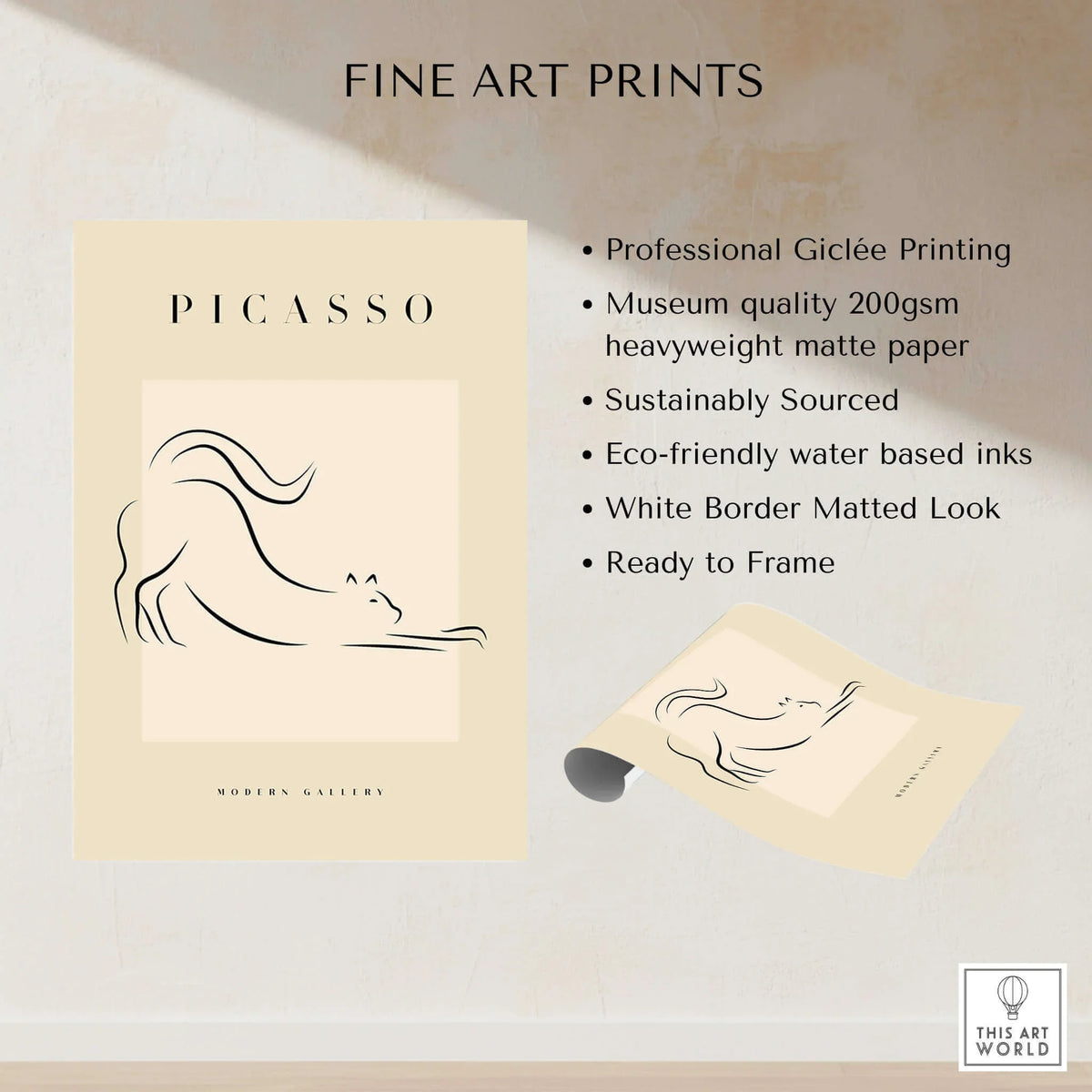 Picasso Stretching Cat Line Art Minimalist Animal Poster Modern Gallery Print Wall Art shown with fine art print details.