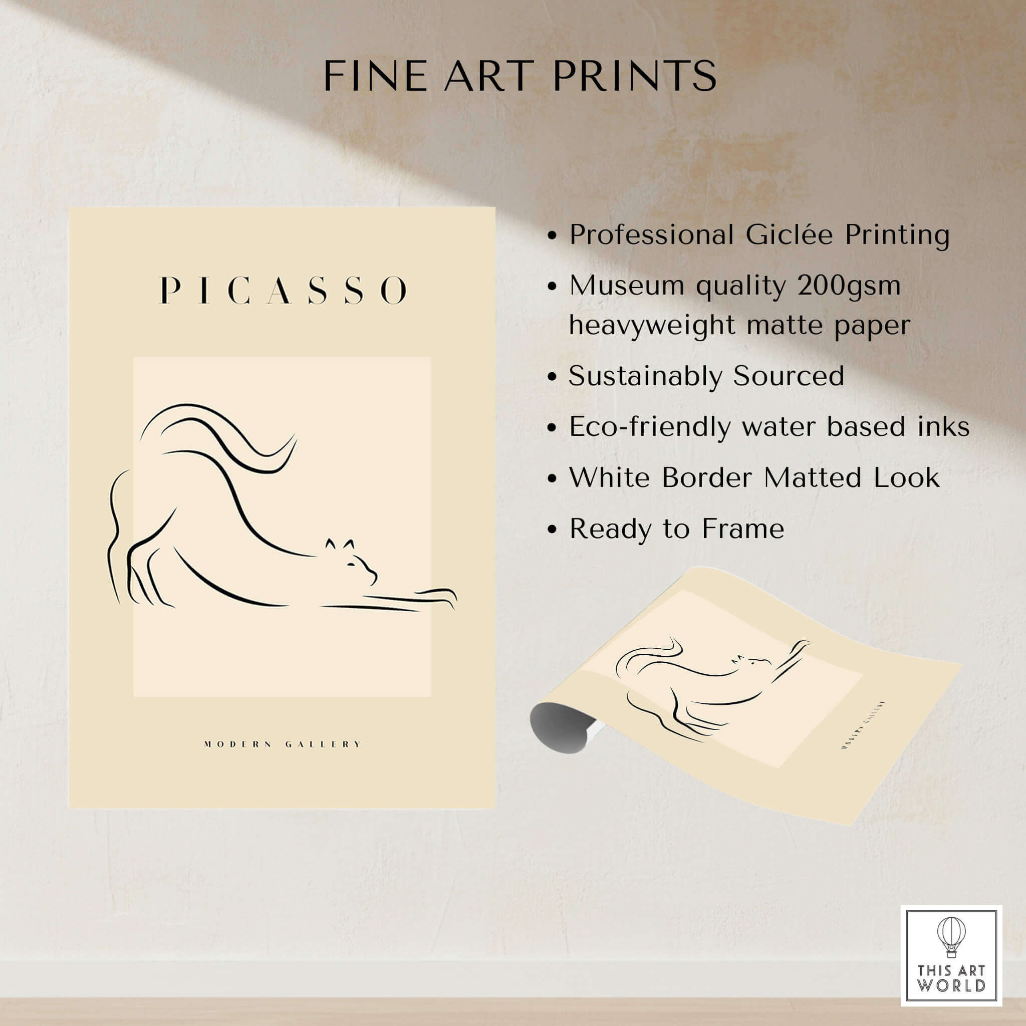 Picasso Stretching Cat Line Art Minimalist Animal Poster Modern Gallery Print Wall Art shown with fine art print details.