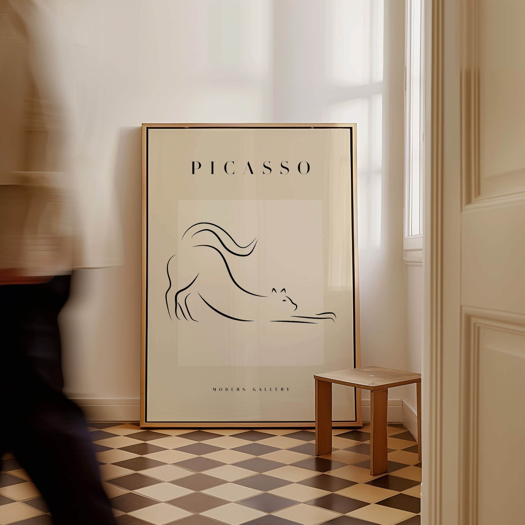 Picasso Stretching Cat Line Art Minimalist Animal Poster Modern Gallery Print Wall Art displayed in a stylish interior.