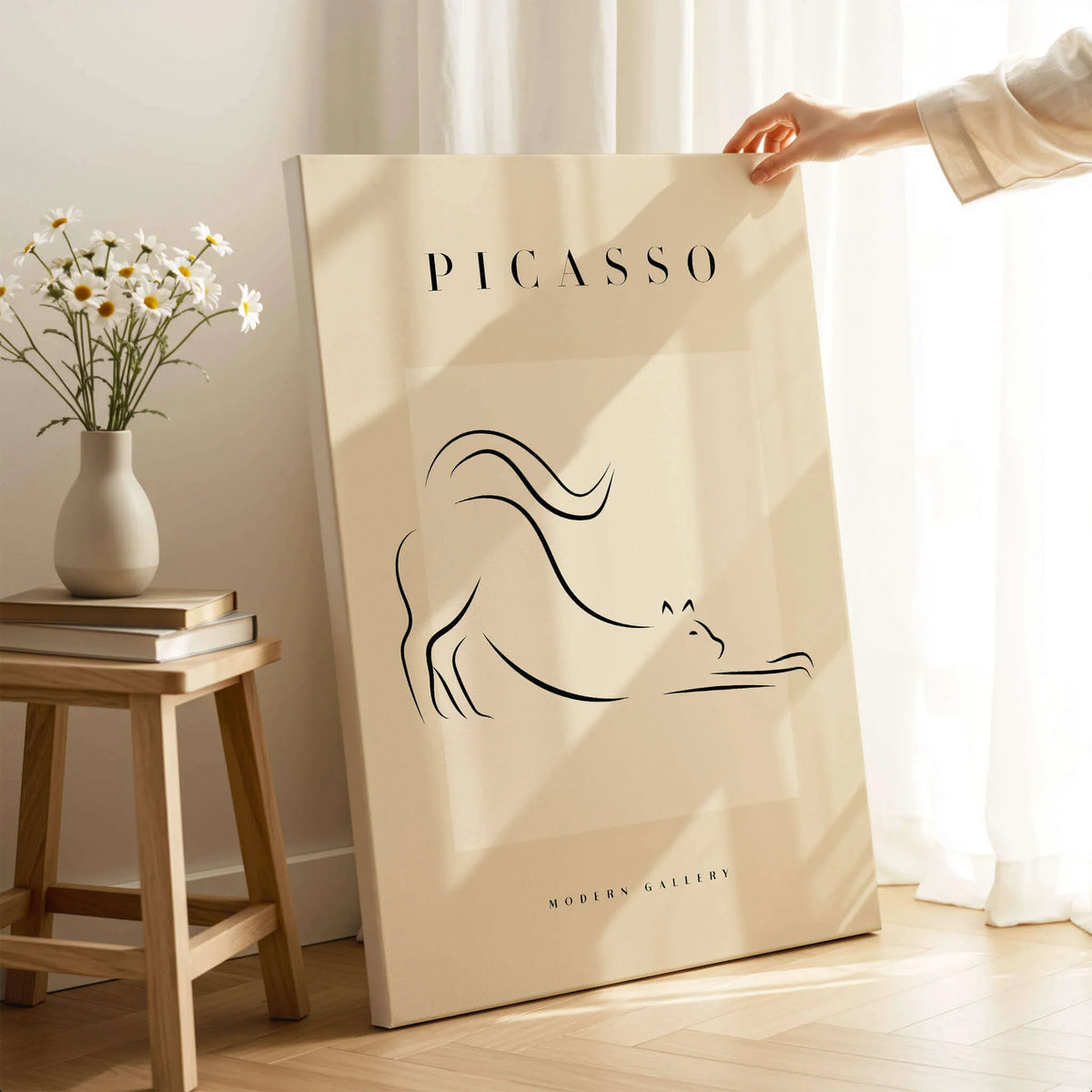 Picasso Stretching Cat Line Art Minimalist Animal Poster Modern Gallery Print Wall Art displayed in bright room with flowers.