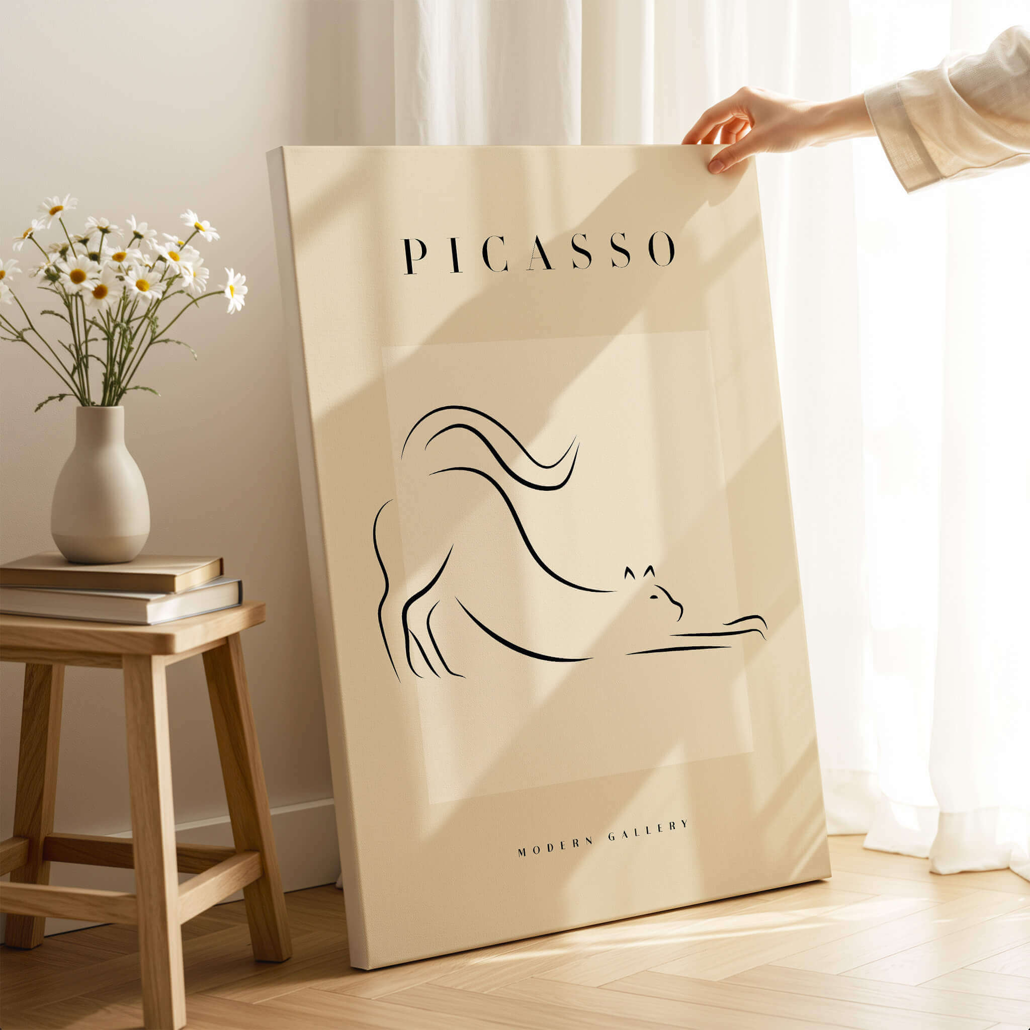 Picasso Stretching Cat Line Art Minimalist Animal Poster Modern Gallery Print Wall Art displayed in bright room with flowers.