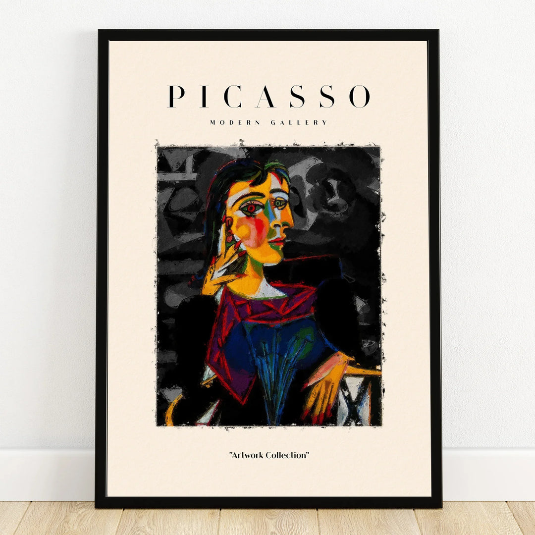 Framed Picasso-style abstract art poster with bold colors and modern gallery text