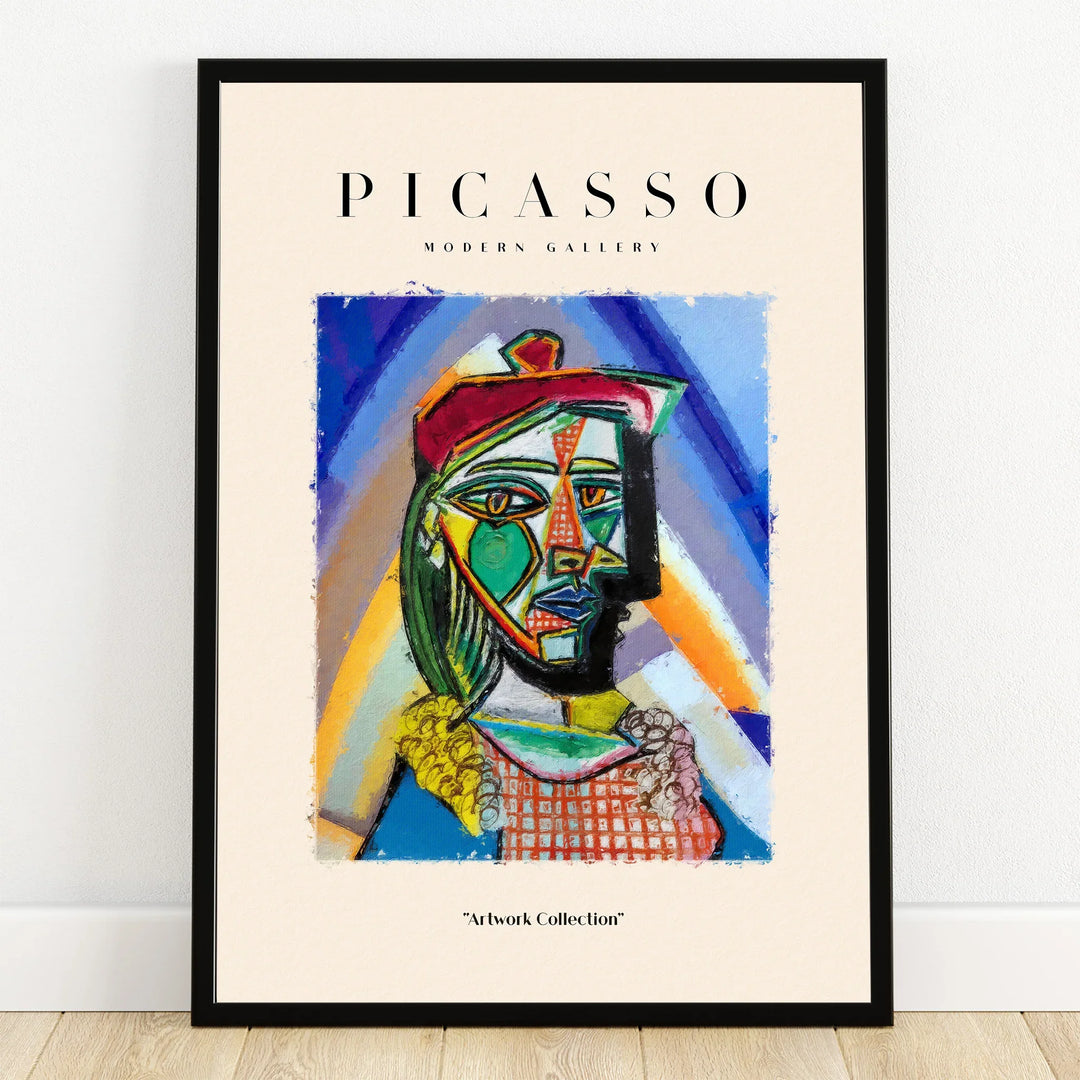 Framed abstract portrait wall art print in Picasso style with bold geometric colors