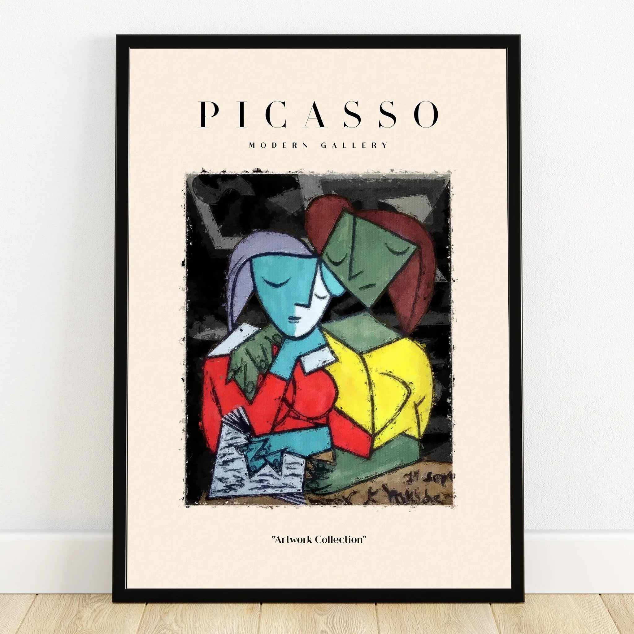 Framed Picasso-style modern art print of two abstract figures embracing, wall art decor