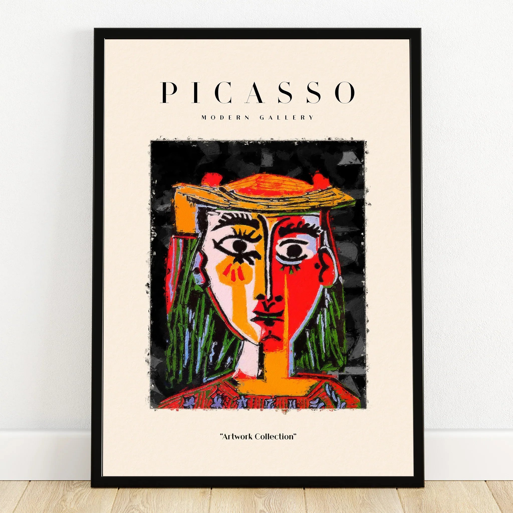 Framed abstract portrait wall art print in cubist style with bold colors and modern decor