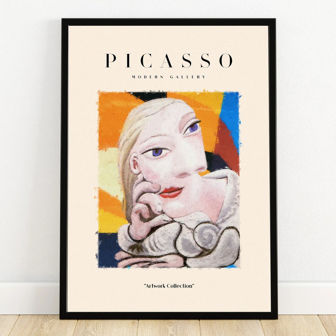 Framed modern art print inspired by Picasso with abstract female portrait and bold colors