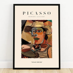 Framed cubist portrait wall art print with abstract colorful figure and hat
